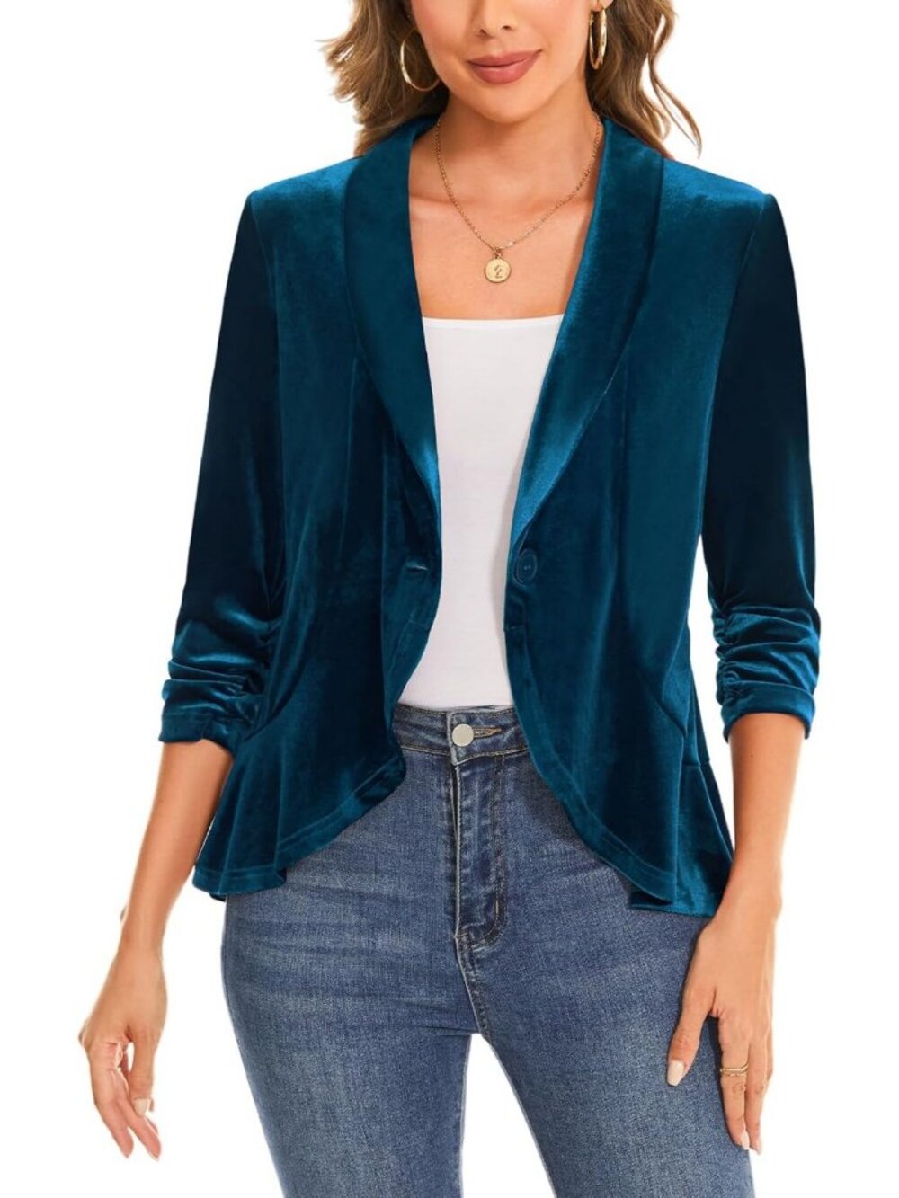 Chic Women's Velvet Blazer, 3/4 Sleeve, Ruffle Detail, Tailored Suit Jacket
